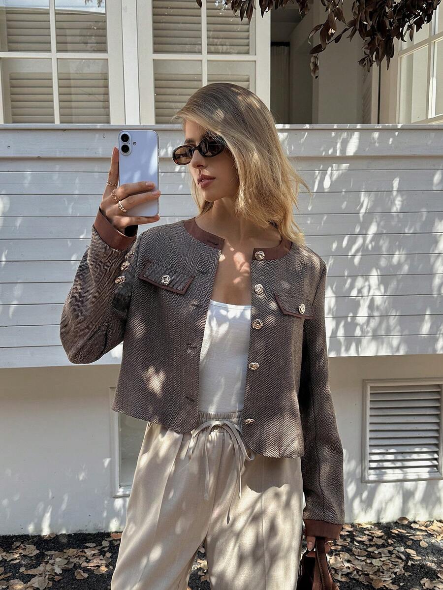 Elyressa 女士编织休闲度假风格通勤秋冬夹克 - 棕色 - 查看 1