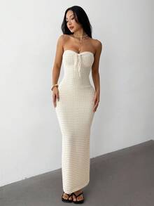 SHEIN EZwear Plus Size Knitted Drawstring Hollow-Out Solid Color Fitted Elegant Fashion Women Maxi Sweater Dress, Suitable For Spring/Summer - Apricot - View 5