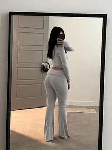 INAWLY 女式休闲纯色上衣和裤子两件套，秋季 - 淺灰色 - 查看 2