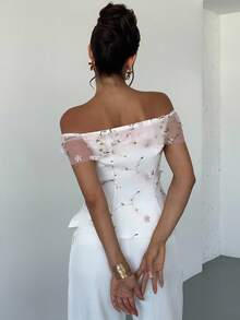 Firerie Women's Elegant Romantic Delicate New Fashion Vacation Date Off Shoulder Floral Embroidery Mesh Cinched Waist X-Shaped Pink Blouse Top - Pink - View 2