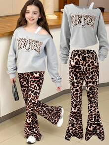 SHEIN Tween Girls Vintage Leopard Print New York Patchwork Asymmetric Collar Sweatshirt&Flare Pants Set,Brown Checked,Autumn,Cow Boy,School,Back-To-School - Multicolor - View 3