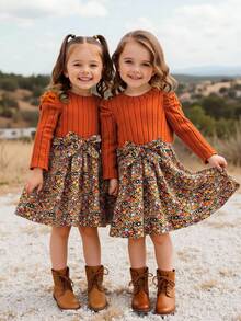 SHEIN Young Girls,Tween Orange Ribbed Patchwork Ditsy Floral Gigot Sleeve A-Line Dress,Autumn Winter Casual School Birthday Party Princess Clothes For Girls - Black - View 4