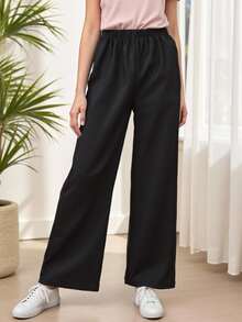 Girls Solid Elastic Waist Trousers - Black - View 3
