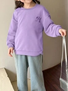 SHEIN 少女休闲字母刺绣圆领运动衫 - 紫色 - 查看 5