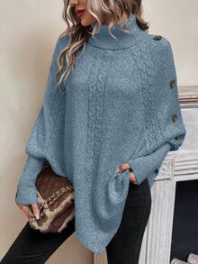 Áo len Poncho cổ lọ trơn màu thường ngày dành cho nữ, Thu/Đông - Màu xanh bụi bặm - Xem 6
