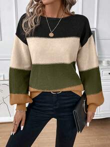 EMERY ROSE Áo len dệt kim dáng rộng cổ tròn tay dài phối màu đơn giản dành cho nữ, mùa thu/đông - xanh quân đội - Xem 7