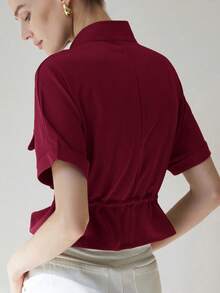 Aveloria Modichic Fashionable Short Utility Short Sleeve Top, With Two Symmetrical Chest Pockets, Cinched Waist Design, Overall Neat And Practical - Red Violet - View 2