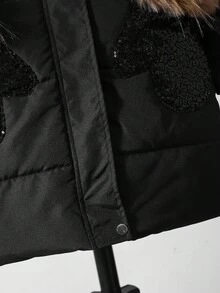SHEIN 1pc Girls' Pink Hooded Padded Coat With Pockets And Sequin Design, Mid-Length, Suitable For Autumn/Winter - Black - View 5