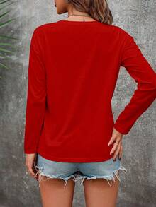 EMERY ROSE Women's Casual Christmas Print Round Neck Long Sleeve T-Shirt, Autumn/Winter - Red - View 2