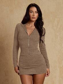 Glamine 2pcs Set: Elegant Minimalist Brown Long Sleeve Cropped Top And Bodycon Mini Skirt Sweater Dress Brown Bodycon Dress Coffee Brown Dress Earth Tone Dress Christmas Outfit Women Christmas Clothes