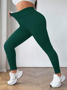SHEIN EZwear Quần legging giữ nhiệt dày lót lông màu đen cỡ lớn cho mùa đông - Màu xanh lá cây đậm - Xem 2