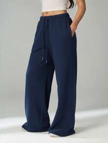 SHEIN Tall Spring And Summer New Casual And Versatile Slim Low-Waist Elastic Waistband Loose Wide-Leg Sweatpants Navy Blue Navy Blue Pants Elastic Waist Pants Flowy Pants For Women Baggy Wide Leg Pant Loose Pants - Navy Blue - View 6
