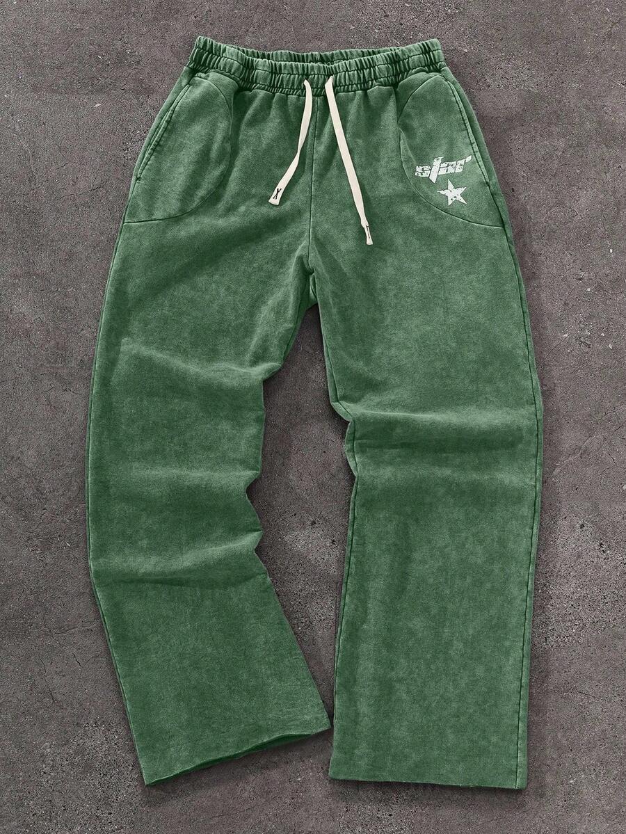 PAVTROS 男士休闲字母和星星印花抽绳腰运动裤，复古绿色裤子 - 綠色 - 查看 1