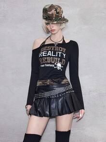 ROMWE Avant Y2K Baddie Camo 毛绒骷髅印花紧身女式长袖 T 恤 - 黑色 - 查看 8