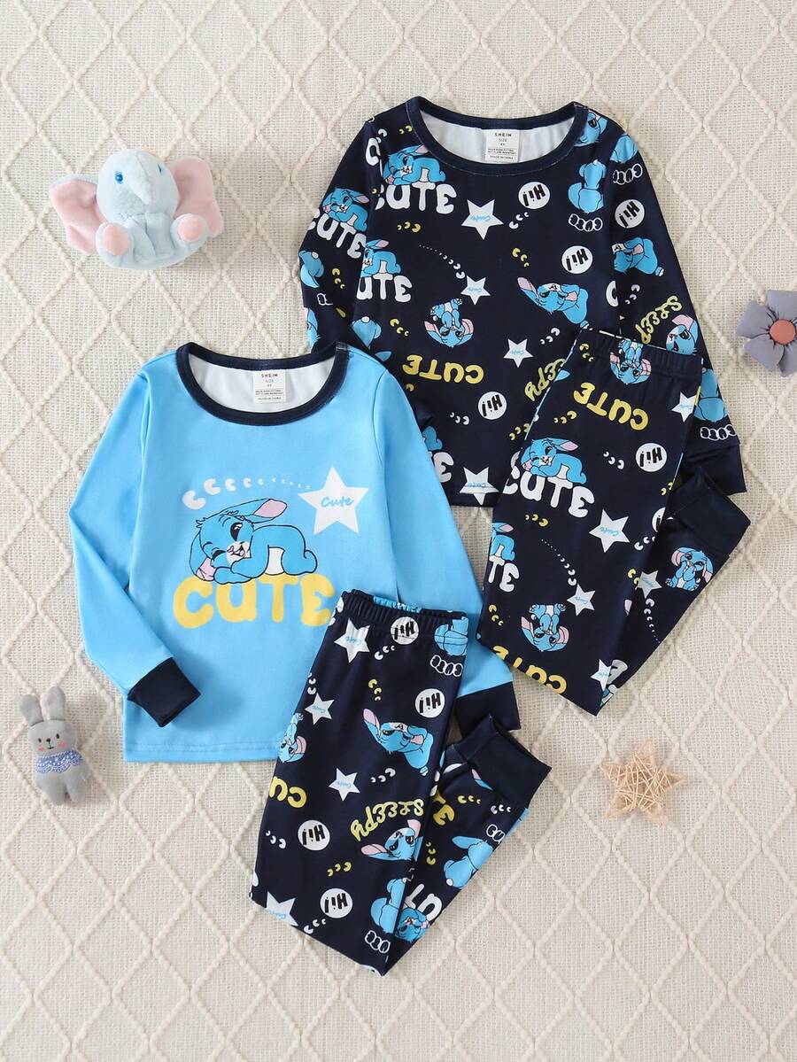 Bộ 4 món/Bộ đồ ngủ liền thân họa tiết thỏ hoạt hình cho bé trai, áo thun dài tay cổ tròn co giãn cao và quần dài vừa vặn - Nhiều màu - Xem 1