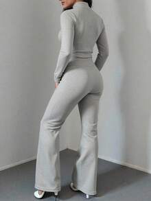 INAWLY 2件套灰色修身长袖上衣和喇叭裤 - 淺灰色 - 查看 4