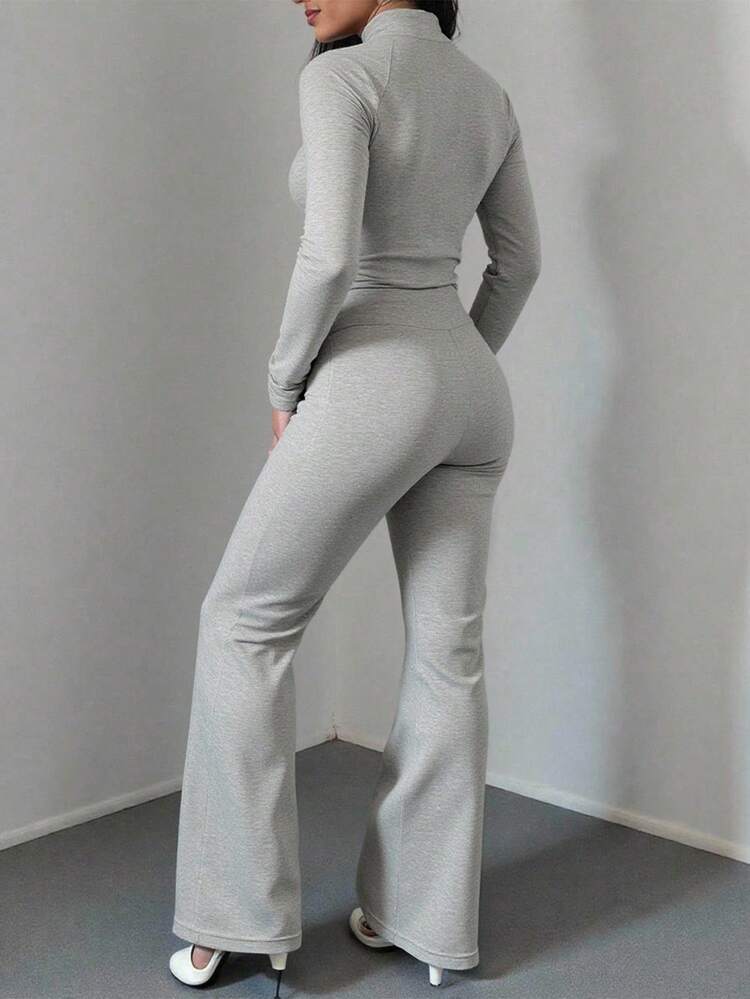 INAWLY Set de 2 piezas: Top de manga larga ajustado gris y pantalones acampanados - Gris Claro - Añade 4