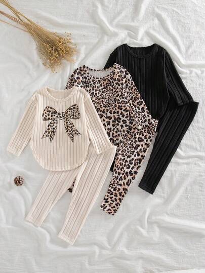 Genkimix Kids 6 件套女婴春秋新款罗纹豹纹蝴蝶结装饰豹纹纯色百搭分层上衣和下装套装，休闲通勤装