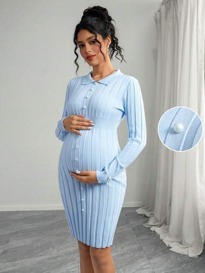 SHEIN Women Fitted Waist Pearl Button Cuff Maternity Solid Color Long Sleeve Knee-Length Sweater Dress, Suitable For Daily Commute And Dates