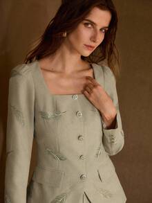 MOTF PREMIUM FEATHER EMBROIDERY SQUARE COLLAR RHINESTONE BUTTON WAIST CINCHED PUFF SLEEVE ELEGANT CASUAL JACKET