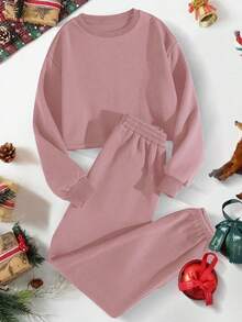 GlowEve Women's Solid Color Minimalist Daily Wear Thermal Lined Crew Neck Sweatshirt And Pants Set - Dusty Pink - View 4