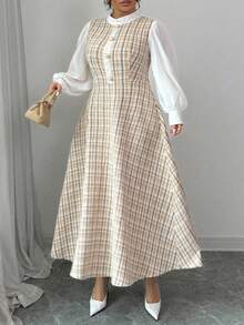 Modelyn 秋冬大码粗花呢编织纹理长袖修身 A 字连衣裙