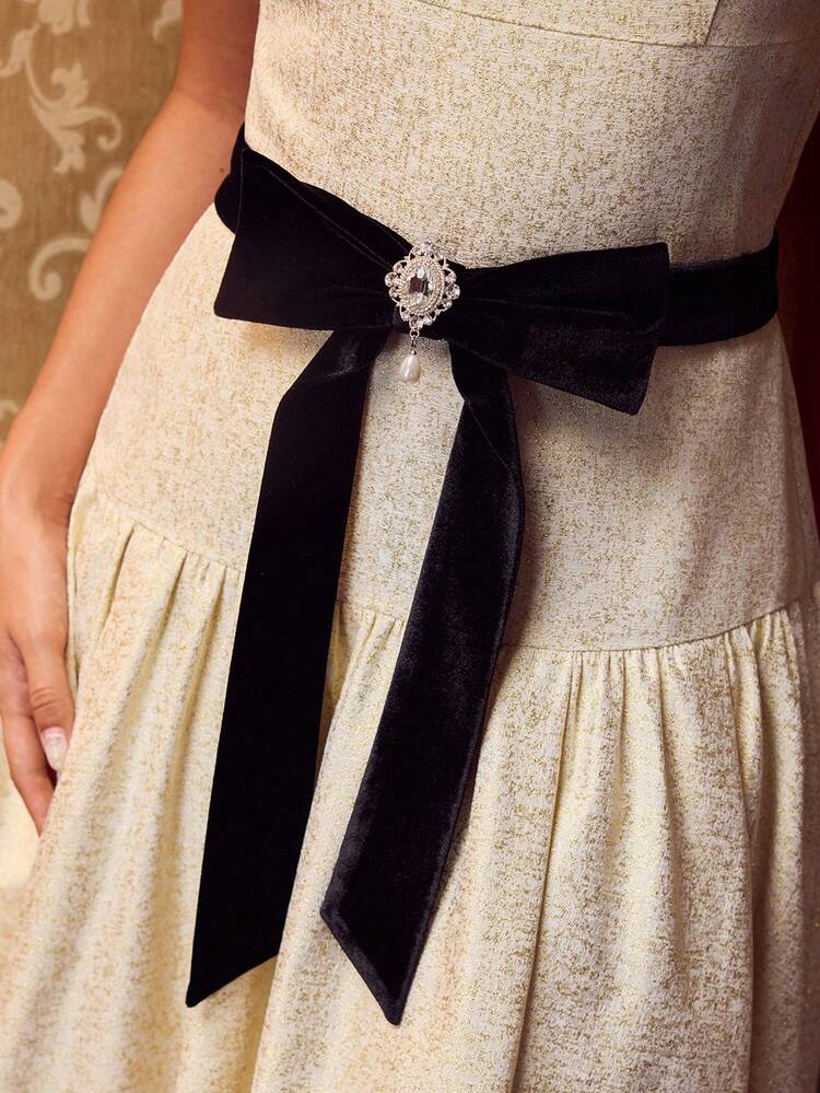MOTF Soiréza WOMEN'S JACQUARD STRUCTURED VELVET WAIST BELT DECOR A-LINE DRESS