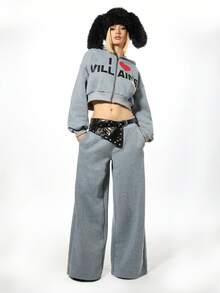 SUMWON WOMEN Sudadera con capucha con cremallera y estampado gráfico "I Love Villains" para mujer, ropa casual de calle - Gris - Ver 4