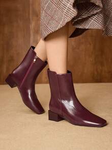 MOTF Botas de tobillo con cremallera lateral, moda de lujo, punta cuadrada y tacón grueso - Burdeos - Ver 2