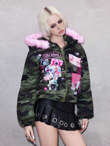 ROMWE Avant Áo khoác độn bông họa tiết thiên niên kỷ ngụy trang phong cách Y2K dễ thương phong cách Grunge dành cho nữ - xanh quân đội - Xem 2