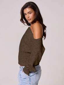 MUSERA Fluffy Knit Asymmetrical Shoulder Cinched Waist Mohair Top , , , Cute, Country, Cottage Core, Butterscotch Winter Evening Party Elegant Spring Sweater - Brown - View 3