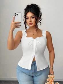 Elenzga Plus Size Casual Solid Color Front-Button Cami Top, Summer - White - View 1