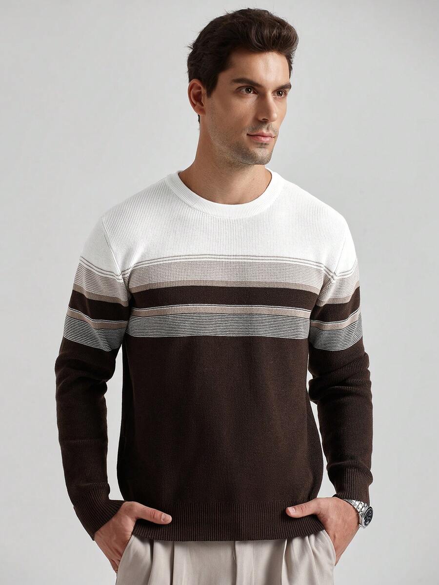 Manfinity Homme Men's Casual Commuter Contrast Stripe Pattern Pullover Sweater, Autumn/Winter - Multicolor - View 1