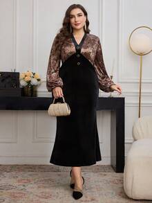 Modelyn Gaun Vintage Ukuran Besar dengan Motif Patchwork Elegan dan Pas Badan, Musim Gugur/Dingin - Hitam - View 1