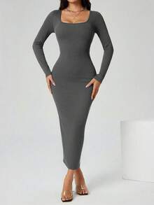 SHEIN PETITE 秋装纯色方领紧身黑色长袖连衣裙 - 深灰色 - 查看 4
