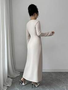 Rafferiza White Autumn Elegant V-Neck Long-Sleeved Dress,Fitted Waist With Circular Accessories,Chic Thanksgiving,New Year's Wear & Dining Party Stylish Dress - Apricot - View 2