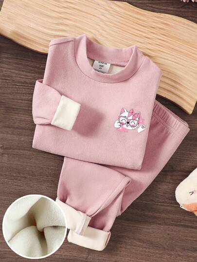 SHEIN Conjunto de 2 peças para meninas, camisa e calça de manga comprida com forro térmico e estampa de gato fofo, pijama macio e quente, adequado para outono/inverno