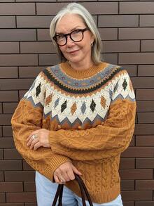 Vivie Lora 女士宽松圆领费尔岛风毛衣 - 黃色 - 查看 6