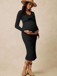 Boho Mama 孕妇休闲纯色纹理修身连衣裙，秋季 - 黑色 - 查看 8