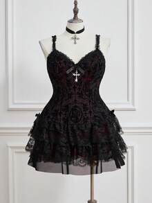 ROMWE Goth Women Retro Grunge Punk Flocked Cross Bow Lace Trim Plus Size Dress, For New Year, For Summer - Black - View 1