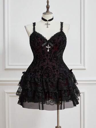 Goth Women Retro Grunge Punk Flocked Cross Bow Lace Trim Plus Size Dress, For New Year, For Summer