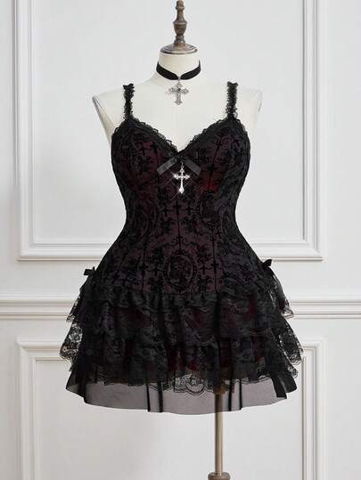 Goth Women Retro Grunge Punk Flocked Cross Bow Lace Trim Plus Size Dress, For New Year, For Summer