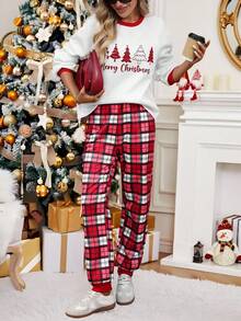 SHEIN LUNE Set de 2 pantalones casuales a cuadros a juego para mujer y niños en Navidad