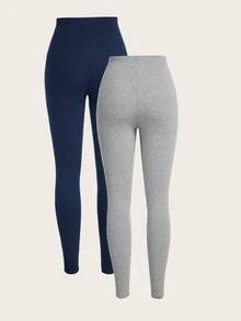 SHEIN EZwear 休闲百搭双色针织打底裤 女式下装 女式下装 打底裤 女式下装 罗纹针织打底裤 女式打底裤 - 藏蓝色 - 查看 2