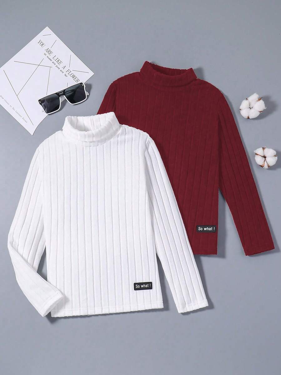 SHEIN 2 件字母贴花高领罗纹 T 恤 - 彩色 - 查看 1