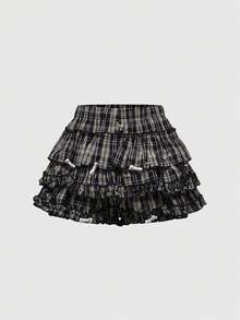 ROMWE J-Fashion 女款可愛格紋骨頭十字裝飾蛋糕裙褲，附蝴蝶結裝飾 - 黑色 - 查看 1