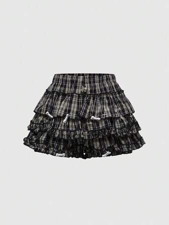 J-Fashion Women's Cute Plaid Bone Cross Decorated Cake Skirt Pants With Bow Decor