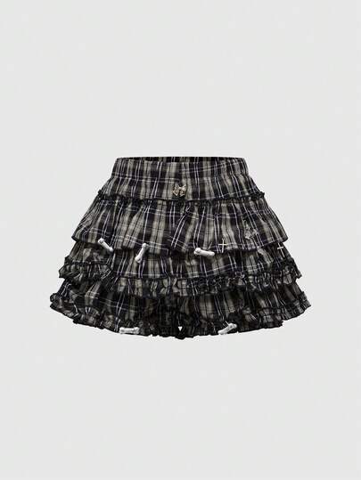 J-Fashion Women's Cute Plaid Bone Cross Decorated Cake Skirt Pants With Bow Decor