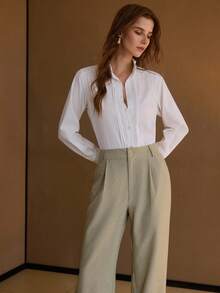 MOTF PREMIUM 女士优雅休闲褶皱阔腿裤，配有水钻纽扣，简约通勤和日常穿着 - 綠色 - 查看 6