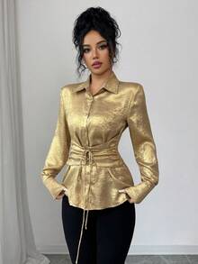 Selianne 女款優雅奢華金色金屬感長袖襯衫，秋季夜生活正式婚禮派對舞會雞尾酒會，領口鈕扣腰部繫帶修身剪裁 - 金色 - 查看 1